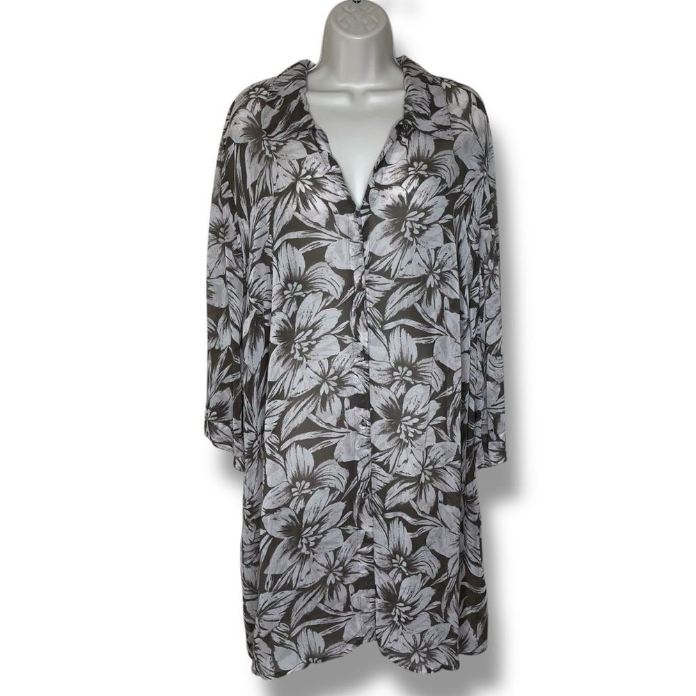 Avenue Floral Chiffon Duster Shirt Semi Sheer Tan White Button Front Women 18/20